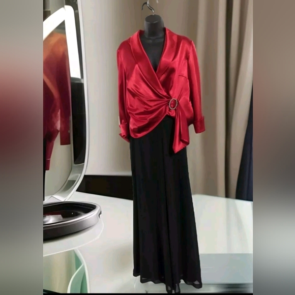 Vtg. 90's Sherry Martin New York Pantsuit Sz 6 Red/Black 2 Pc Wide Leg Pants/Jac - Picture 1 of 16